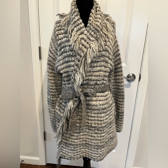 Tory Burch Gray/Black/Cream Striped Cardigan with Fringe and Belt - Size Small - Picture 3 of 9